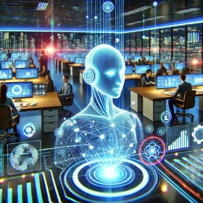DALL·E 2025-03-22 20.10.59 - A futuristic BPO (Business Process Outsourcing) office illuminated with neon colors, where employees happily collaborate with an abstract representati