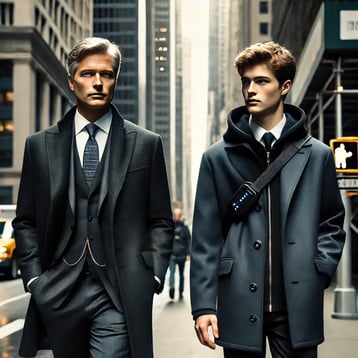 DALL·E 2025-03-24 14.34.47 - A distinguished older man with short blond hair and a serious expression walks down a city street. He is taller, wearing a black overcoat, a sharp sui